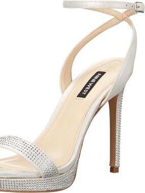 Nine West Silver Rhinestone-Embellished Platform Ankle Strap Heels